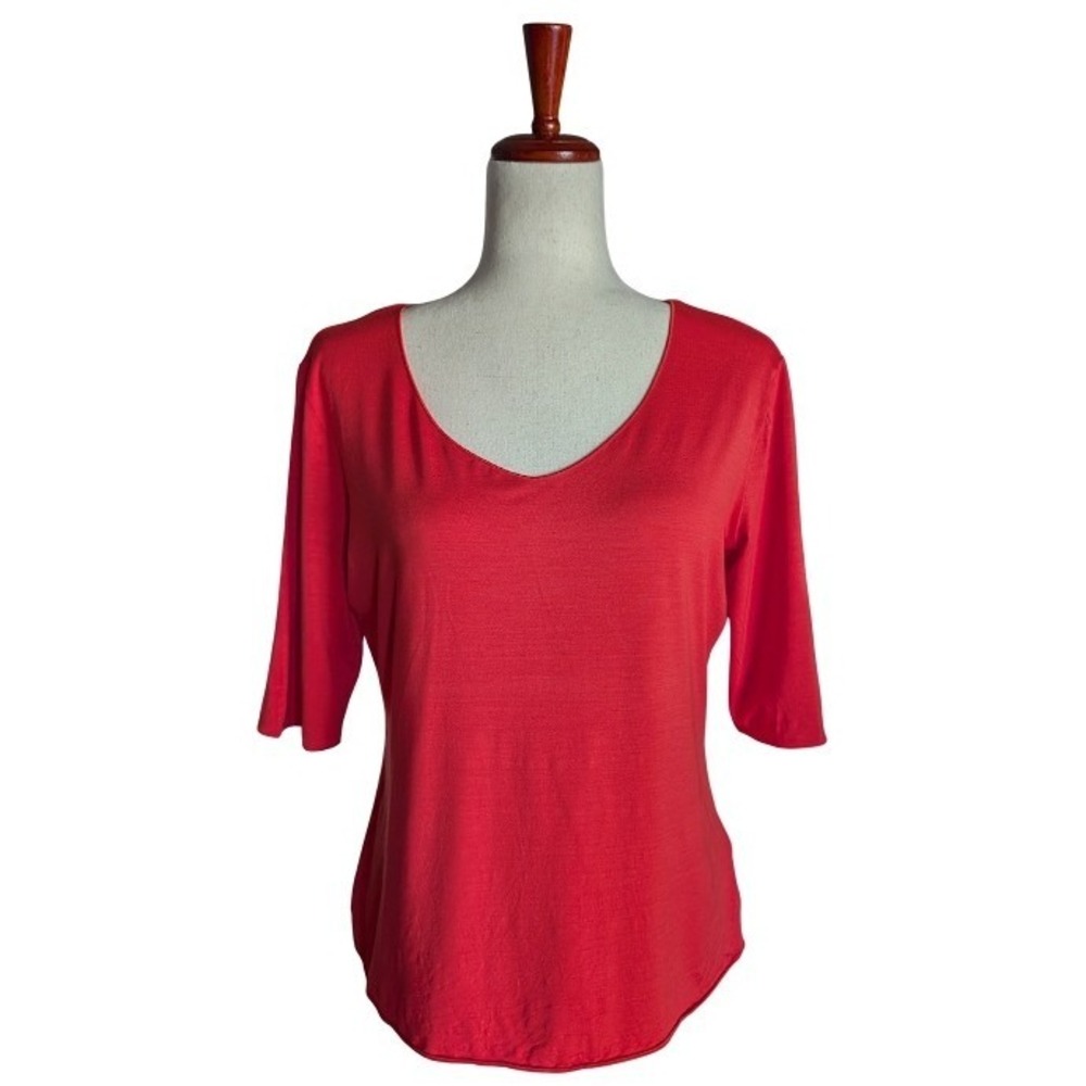 Armani Collezioni Coral Red Scoop Neck Elbow Sleeve Viscose Top Size 12 3YMM51